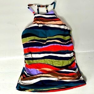Women Swim Tankini Top ANNE COLE High Neck Ruched Striped Lined Front Wireless S